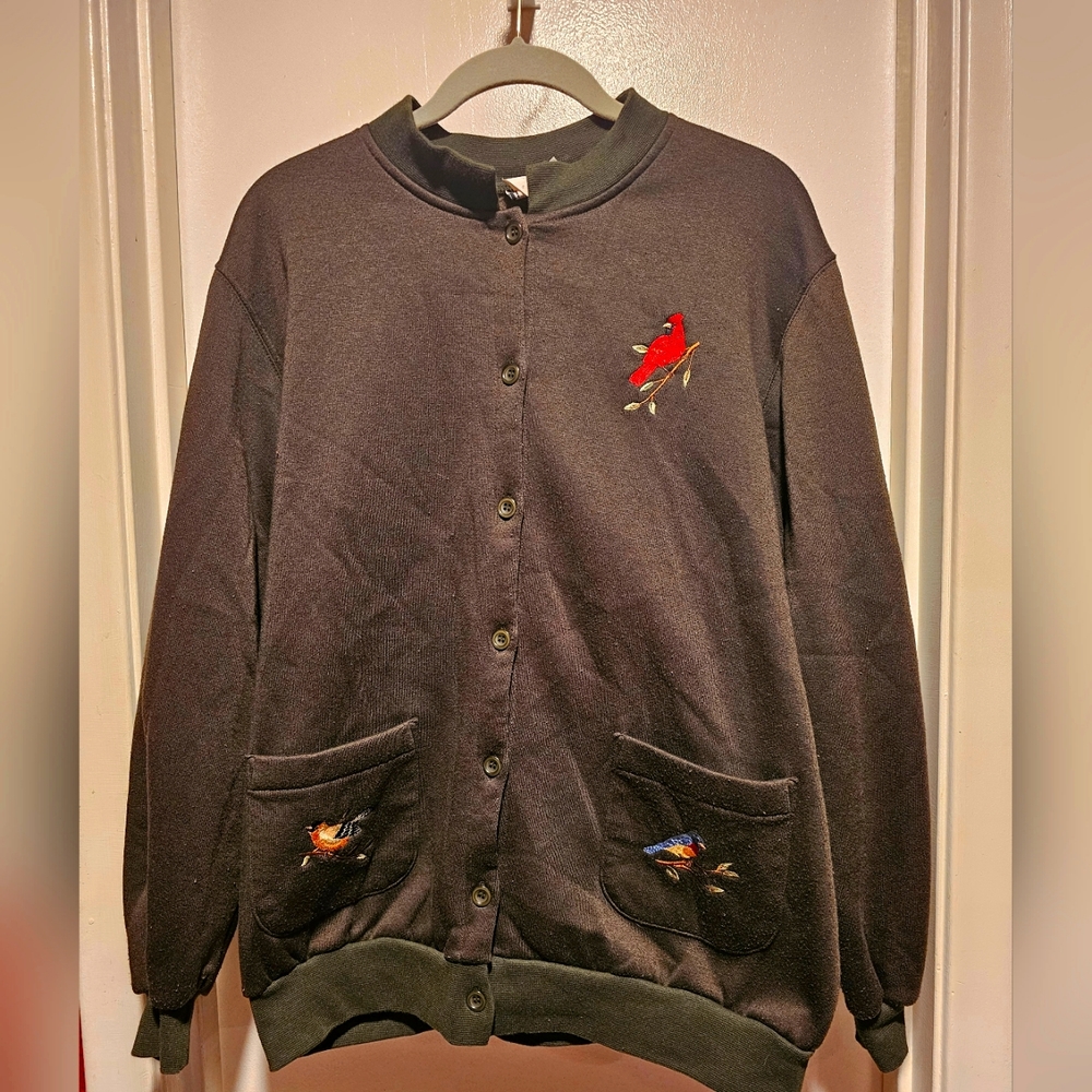 Bon Worth Small bird button-down sweatshirt.